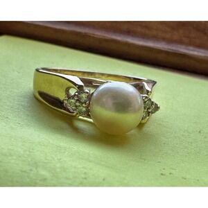 14K Gold Pearl & Diamond Ring Vintage Classic Setting Imprint ADRG Heart Love